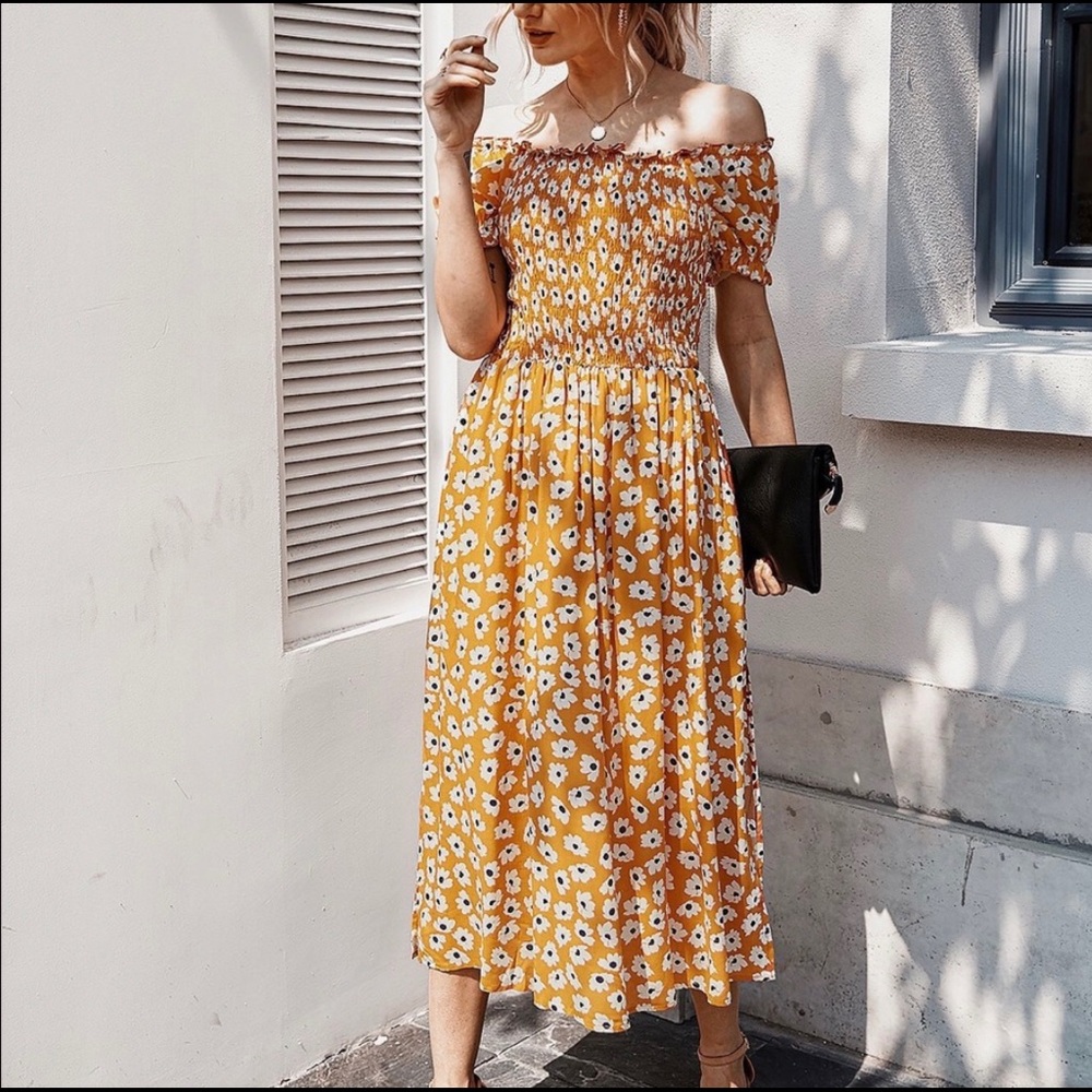 New!Clearance Yellow floral Maxi Slit Slide Dress - Picture 2 of 5